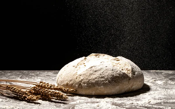 Frissen készített élesztő nélküli kenyér lisztes felületen, mellette búzaszemek.