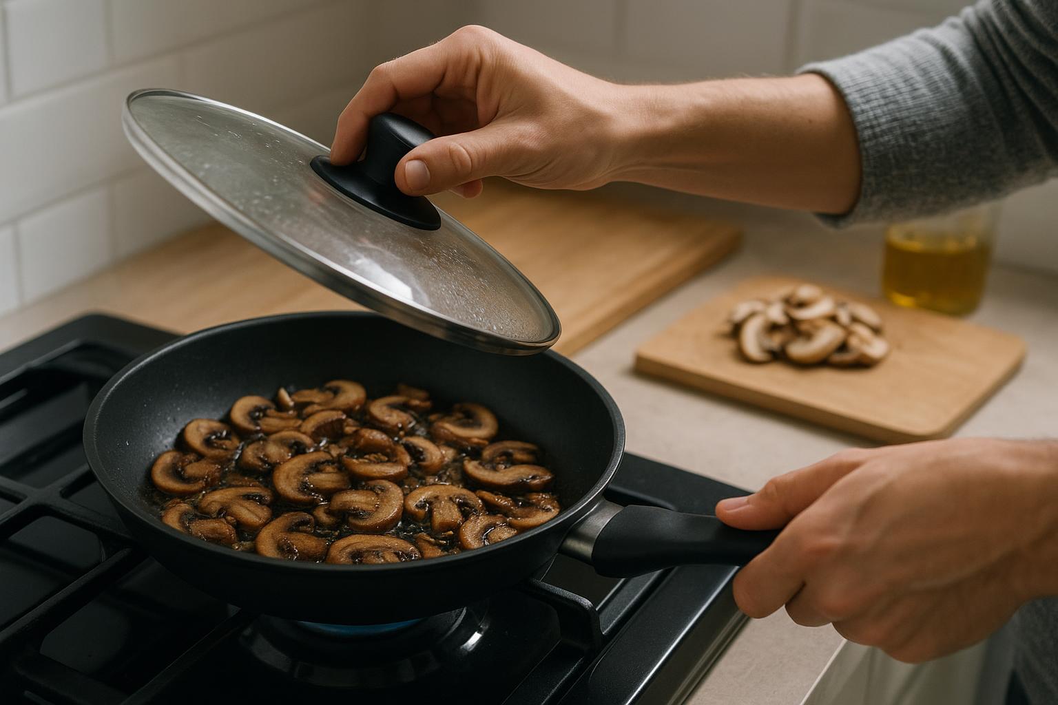 Egy serpenyőben gombák sülnek, miközben egy kéz fedőt emel.