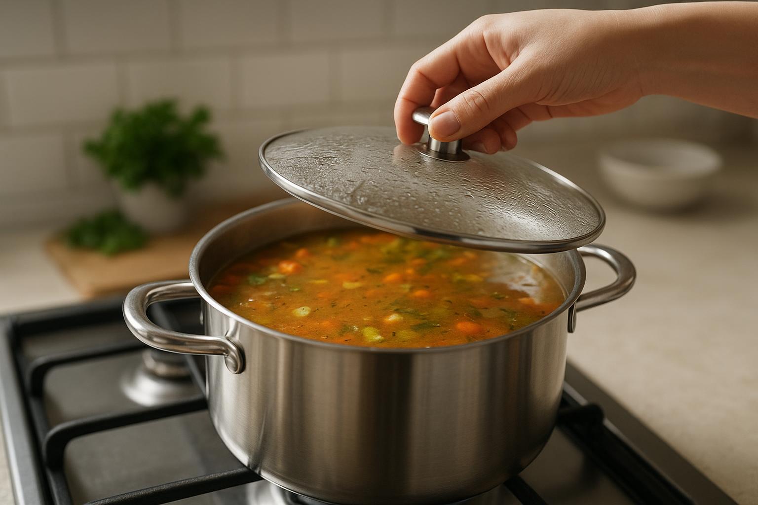 Egy kéz éppen egy fazék fedelét emeli le, alatta színes zöldségekkel teli leves látható.