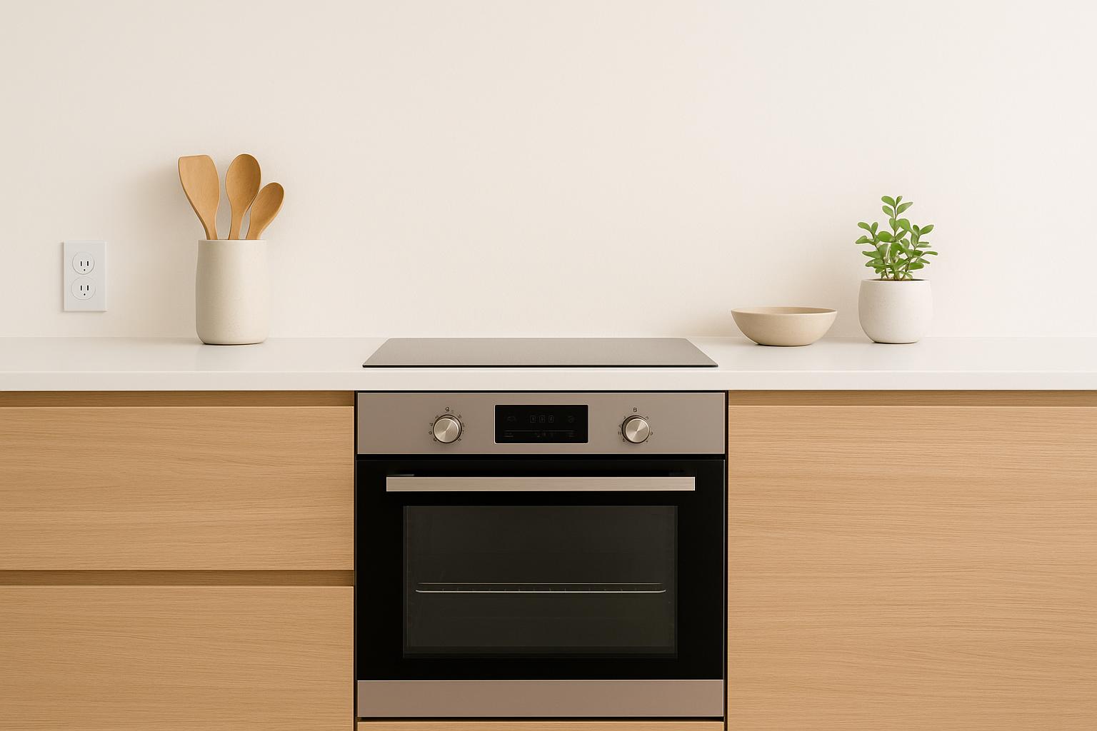 Modern sütő konyhai pulton, mellette fakanalak és növények.