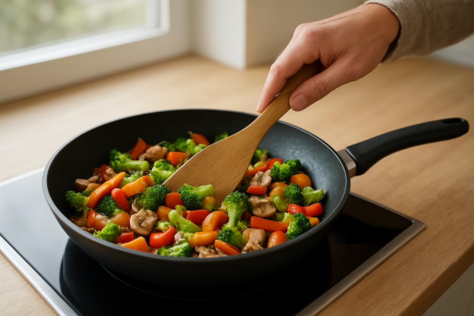 Egy kéz fakanállal keveri a zöldségeket egy serpenyőben, hogy elkerülje a leégést.