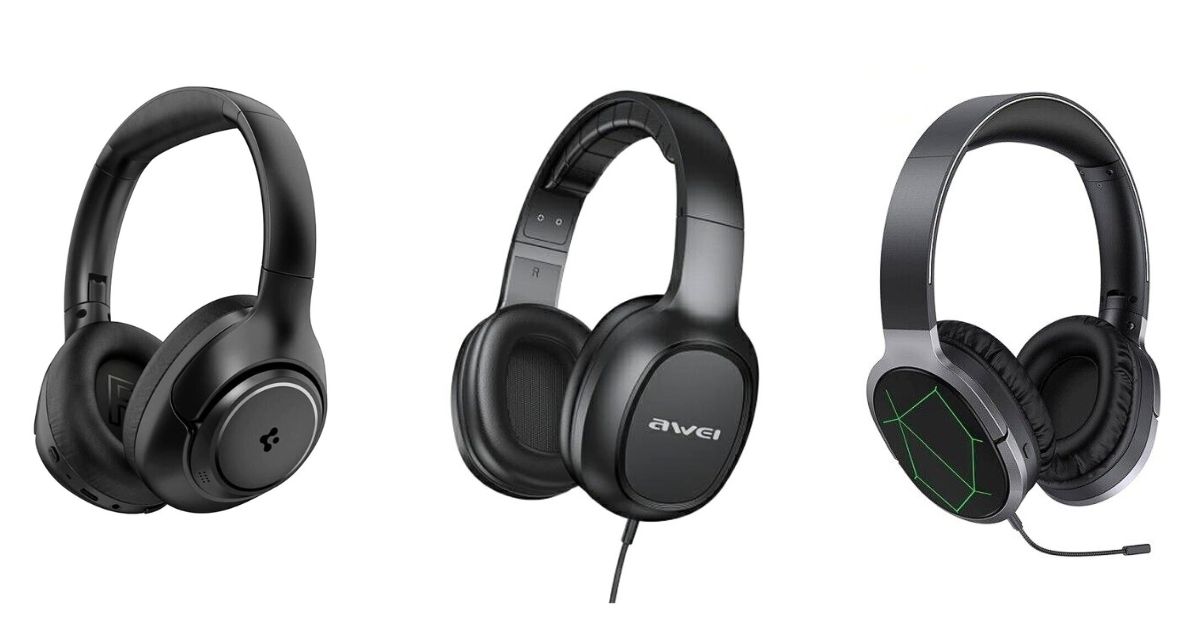 Három különböző fülhallgató, vezetékes és vezeték nélküli modellek, különböző dizájnokkal.