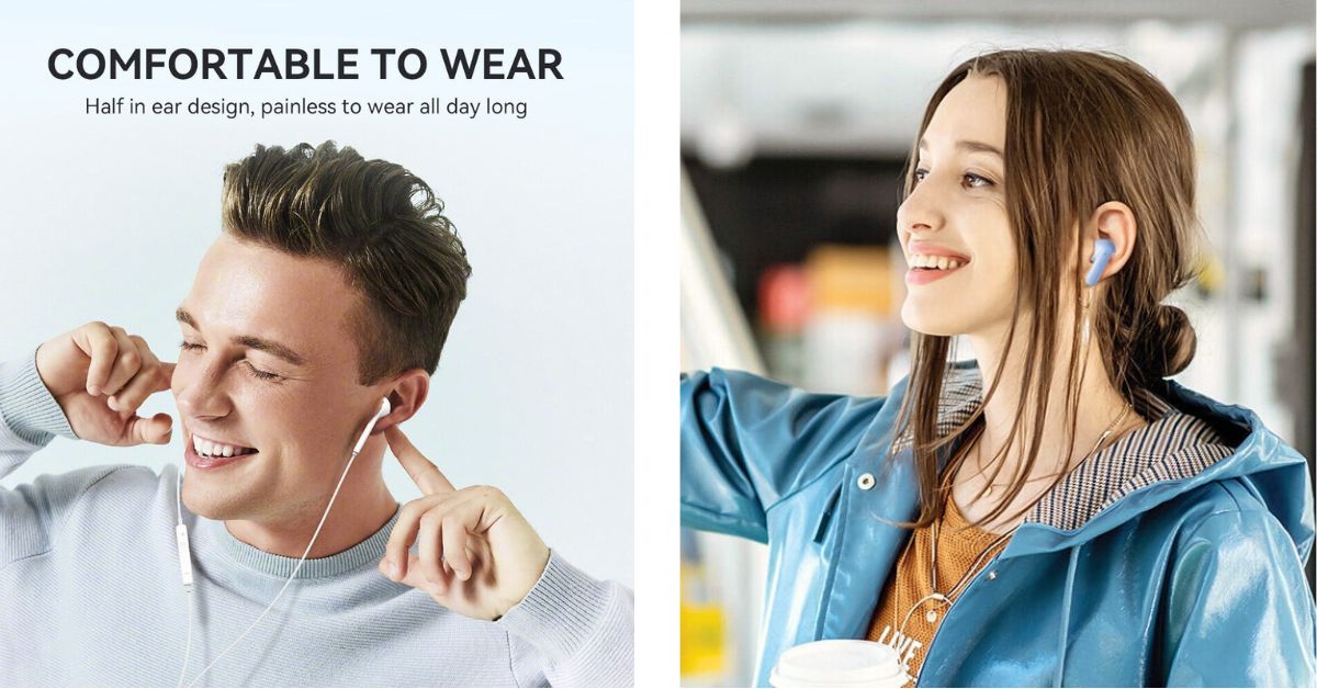 Két fiatal fülhallgatót visel, élvezik a zenét és a kényelmet.