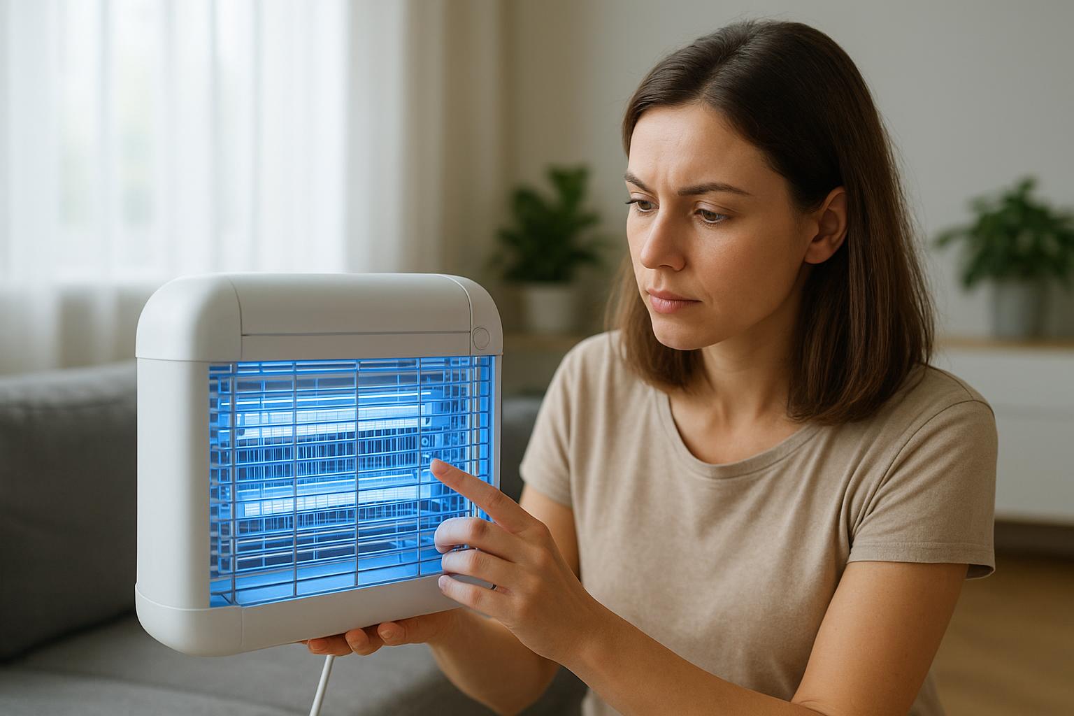Egy nő figyelmesen nézi az otthoni rovarirtó készüléket, amely kék fényt bocsát ki.
