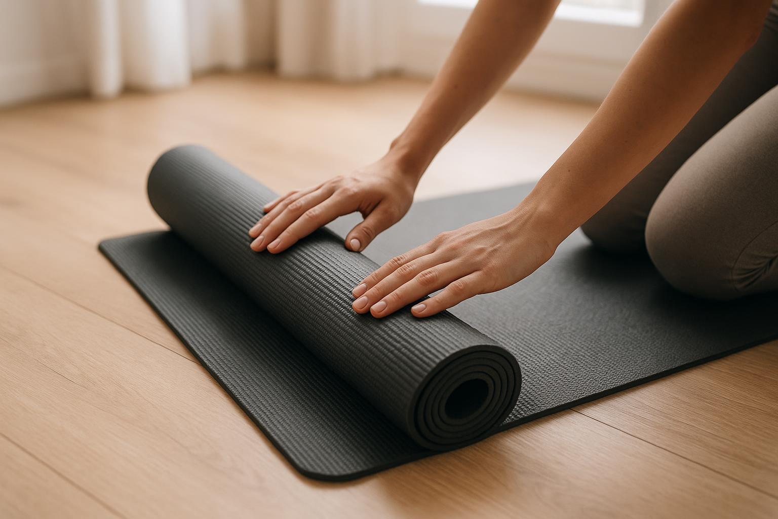 Egy kéz jógaszőnyeget gördít fel, amely a jógázás előkészületeit jelzi.