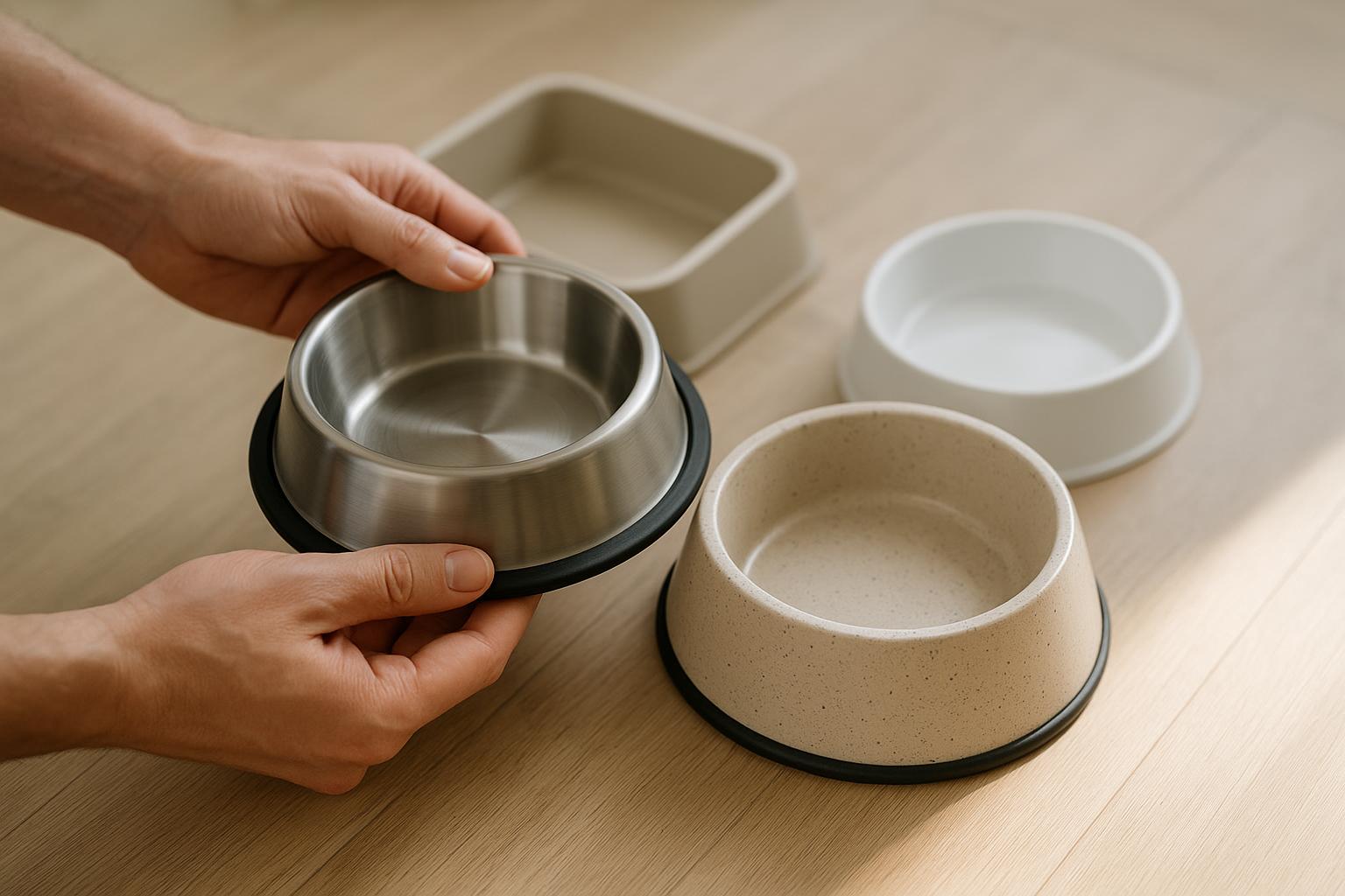 Különböző anyagú kutya- és macskatálak, köztük fém és kerámia.