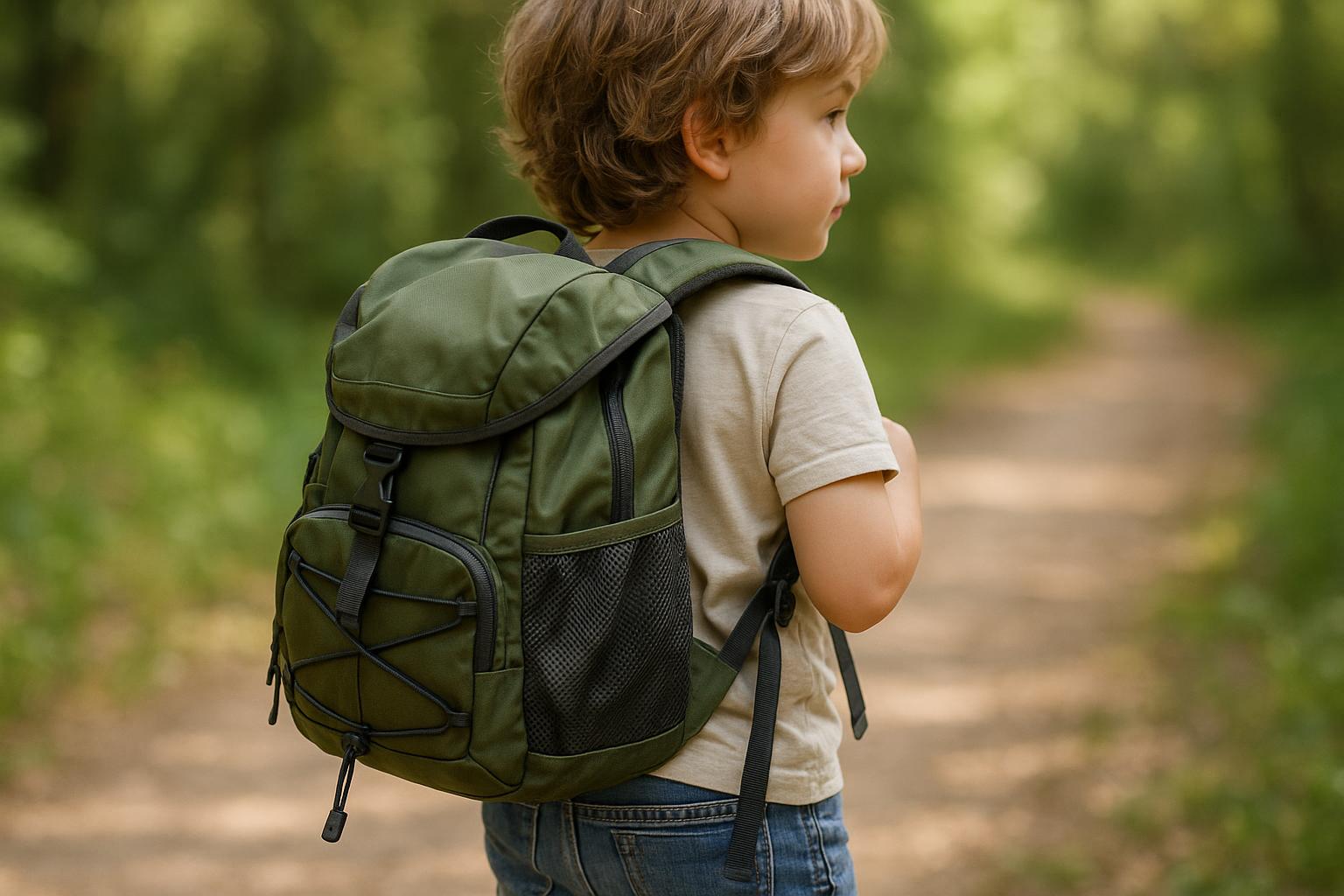 Egy kisfiú hátán zöld túrahátizsák látható, miközben az erdőben sétál.