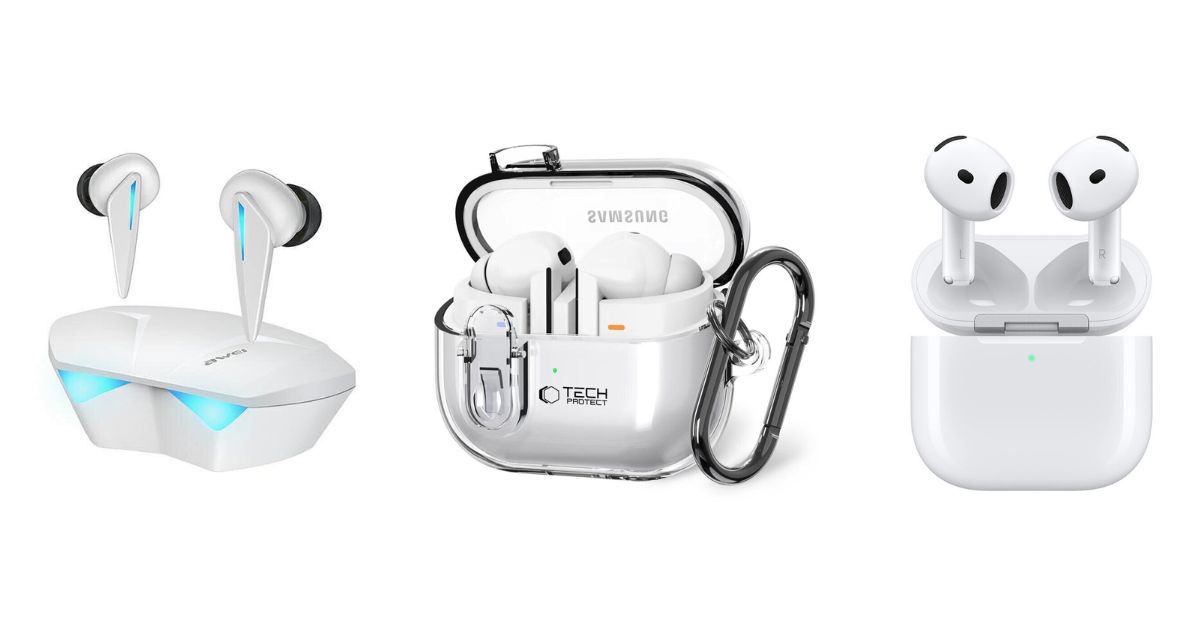 Három különböző típusú vezeték nélküli fülhallgató egy asztalon.