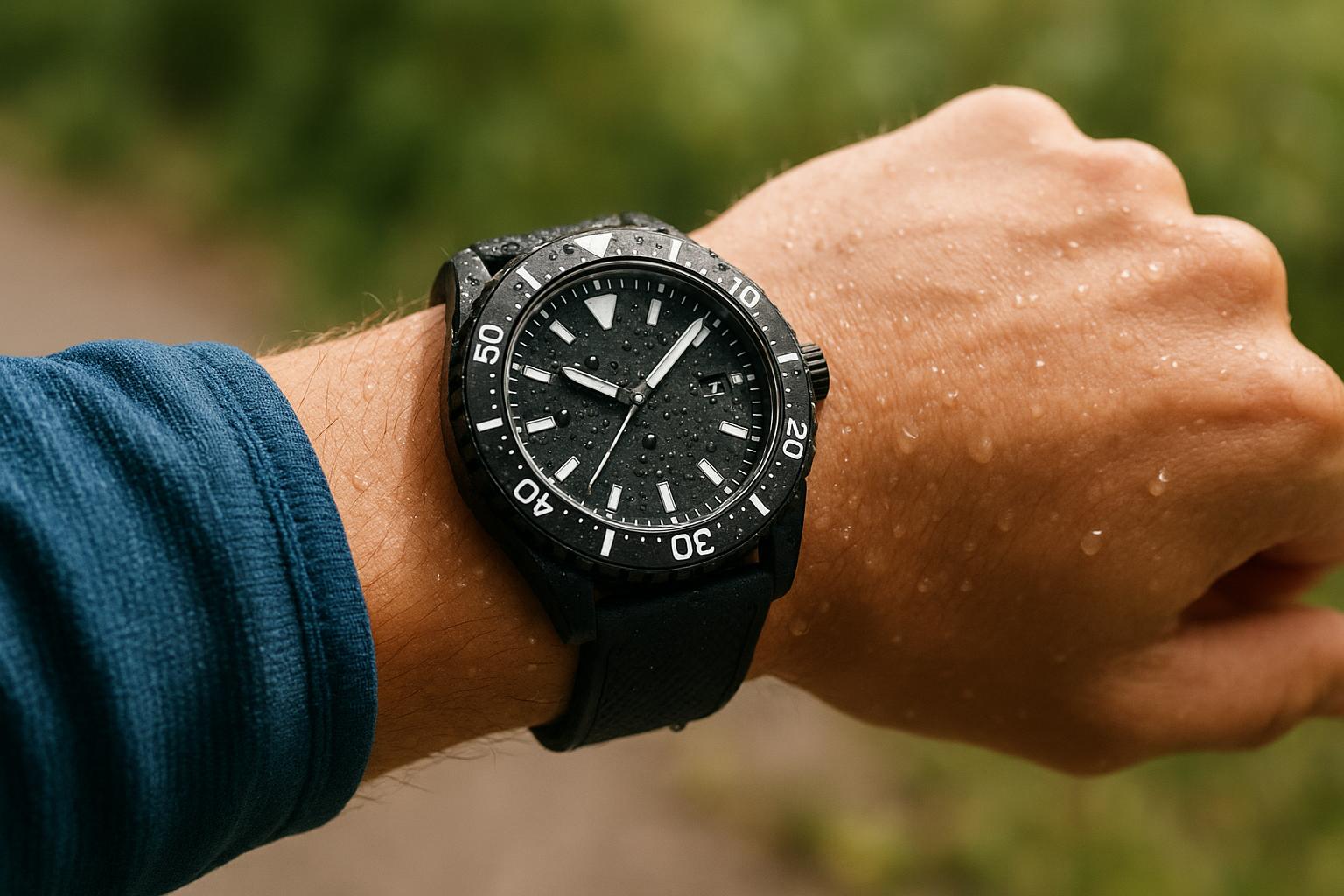 Egy vízálló sportóra látható, esőcseppekkel borítva, egy kézen.