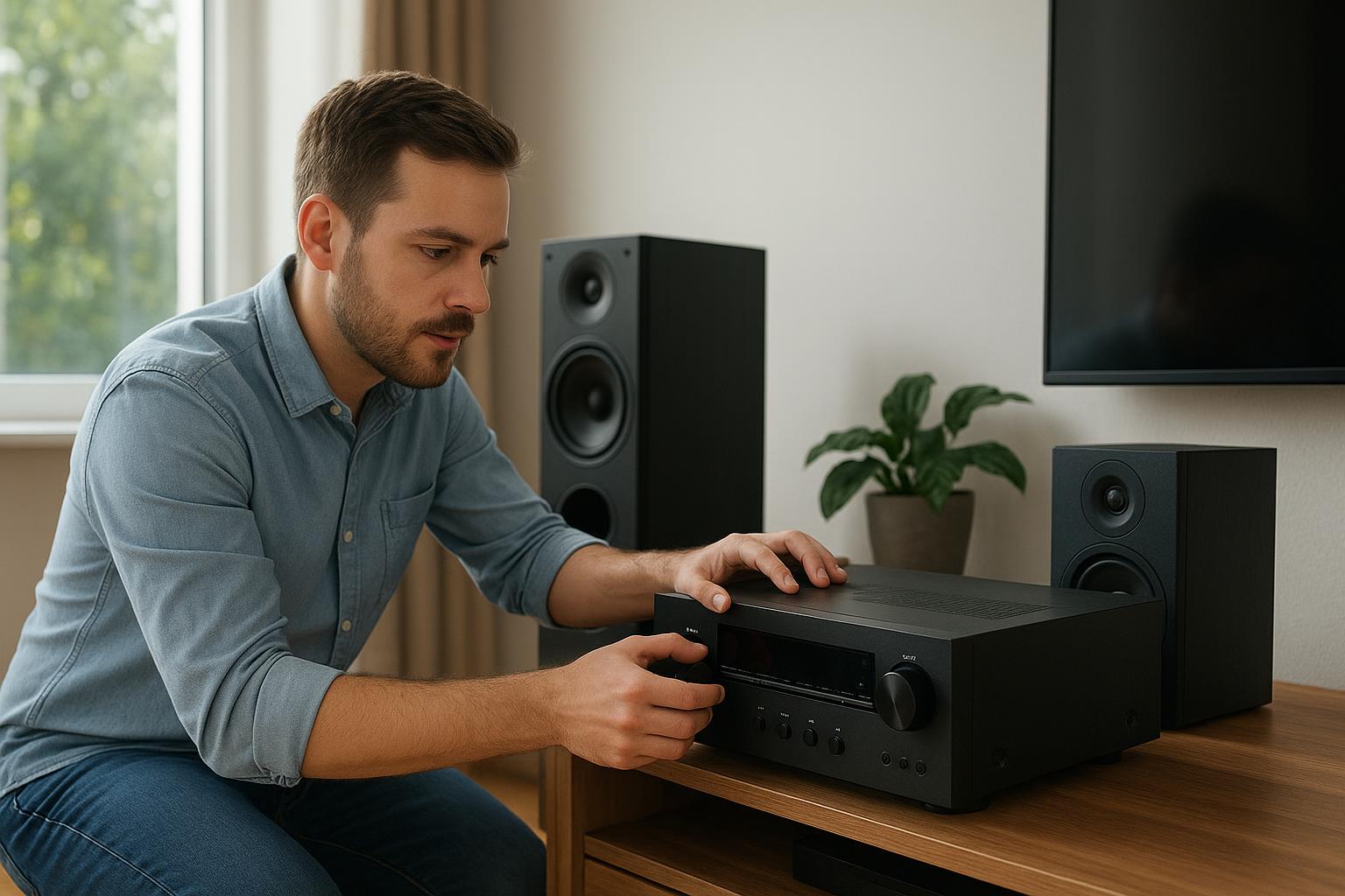 Egy férfi otthon egy zenei hangrendszert állít be, figyelmesen a vezérlőpultot nézi.