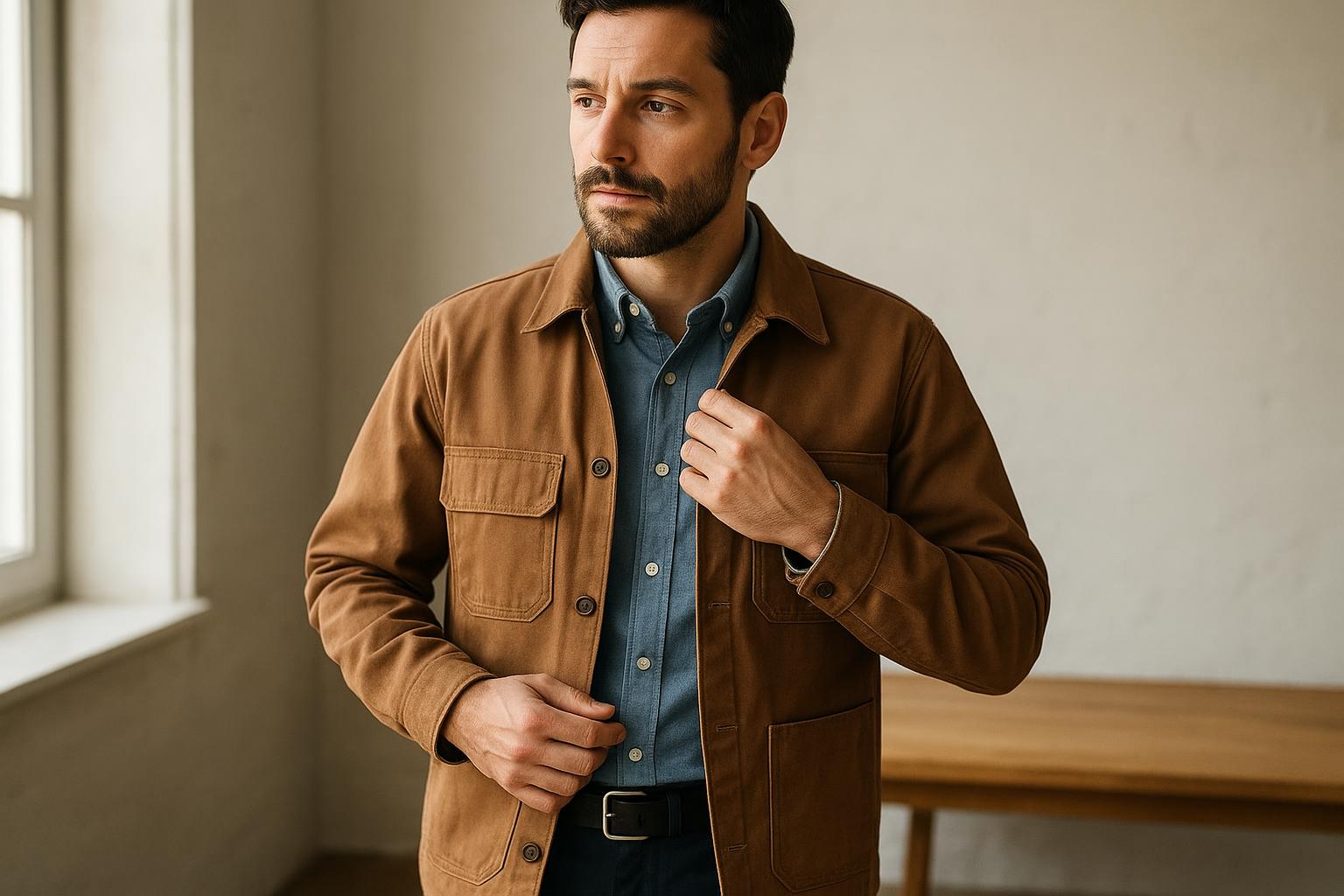 Egy férfi stílusos munkaruhában, barna kabátban és kék ingben, magabiztosan pózol.