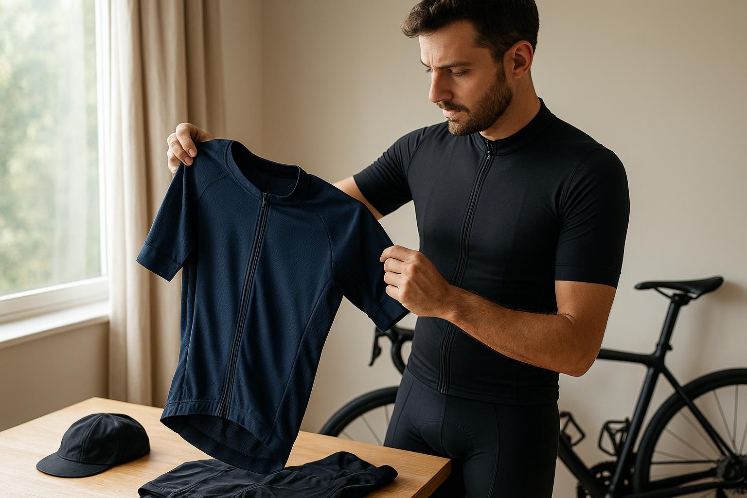 Egy férfi új kerékpáros ruházatot vizsgál, miközben a háttérben kerékpár látható.