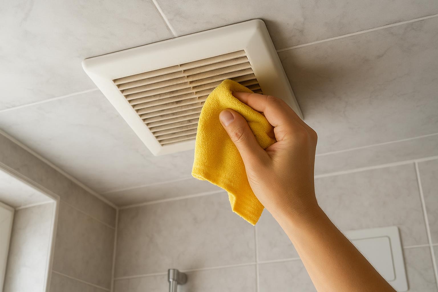 Egy kéz sárga ronggyal tisztítja a fürdőszobai szellőzőt.