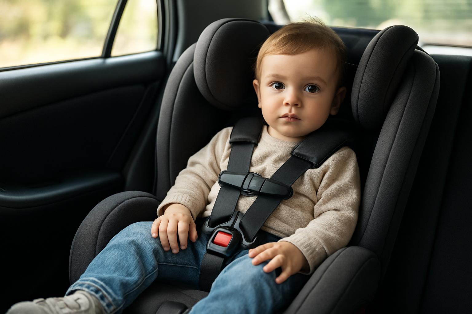 Egy kisgyermek ül egy autós gyerekülésben, biztonsági övvel rögzítve.