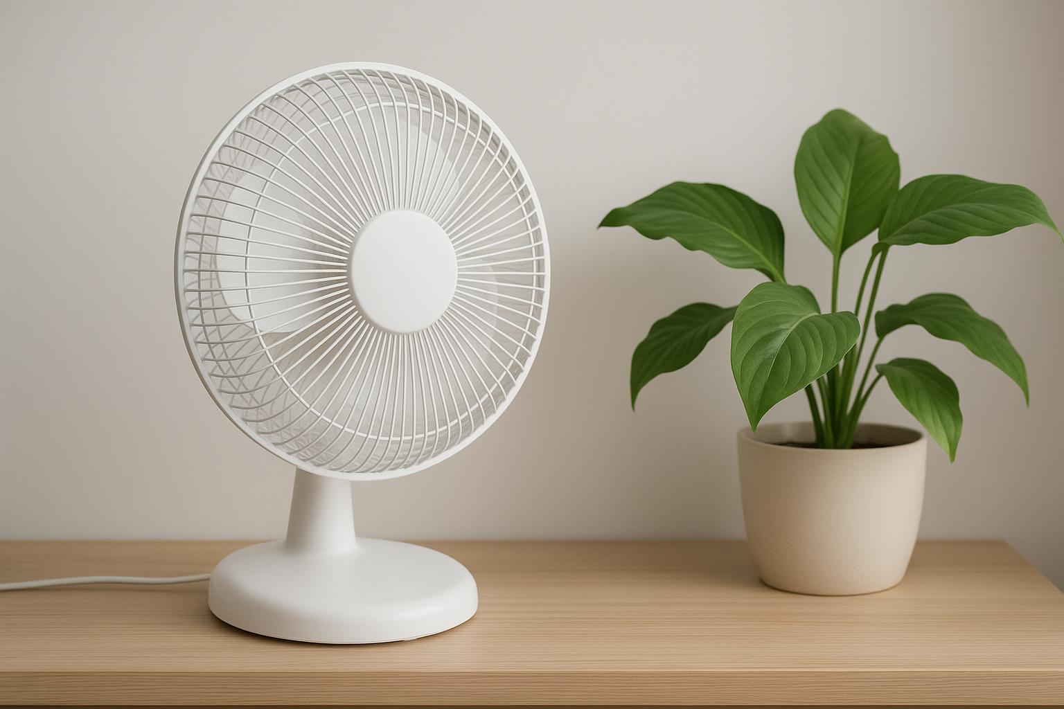 Fehér asztali ventilátor egy fából készült asztalon, mellette zöld növény.
