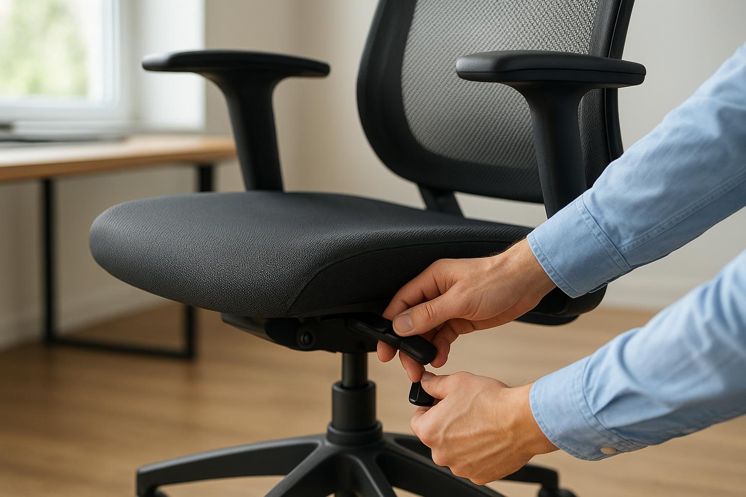 Egy férfi kezével állítja az irodai szék magasságát, a háttérben világos iroda.