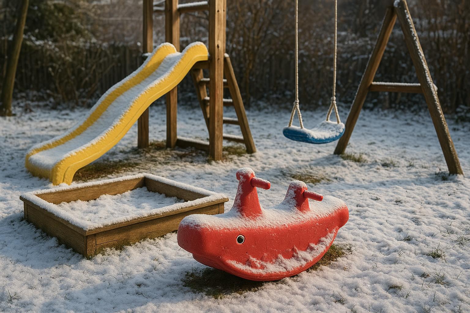Hóval borított kültéri játékok, köztük csúszda és hinta egy téli kertben.