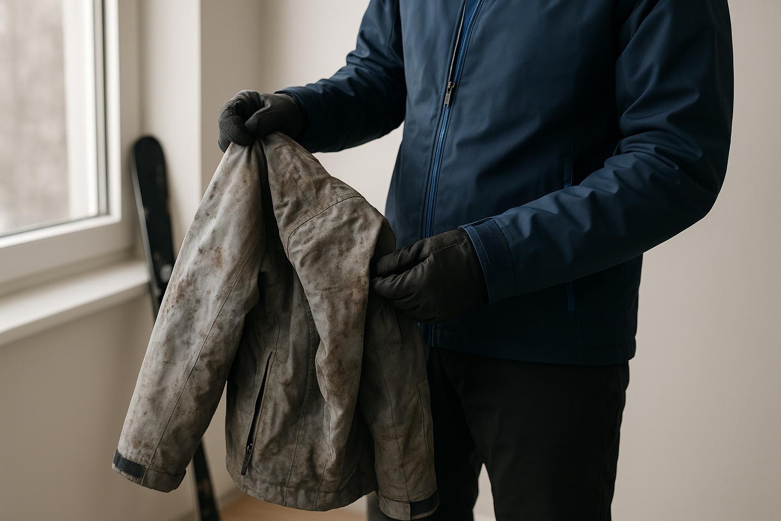 Egy síelő kezében egy elhasználódott, foltos síkabát látható, amely cserére szorul.