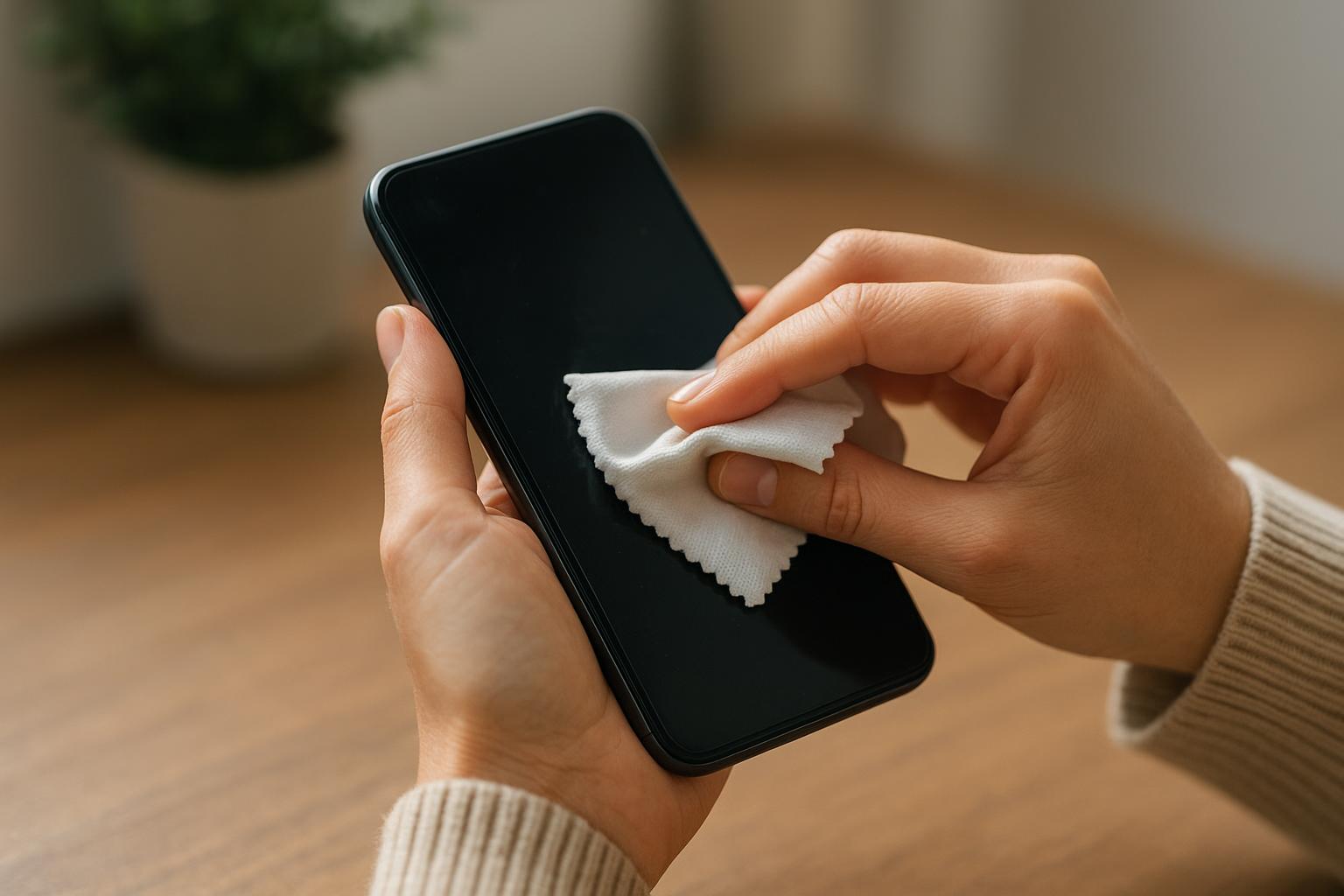 Egy kéz mobiltelefont tisztít egy puha kendővel, a háttérben növény látható.
