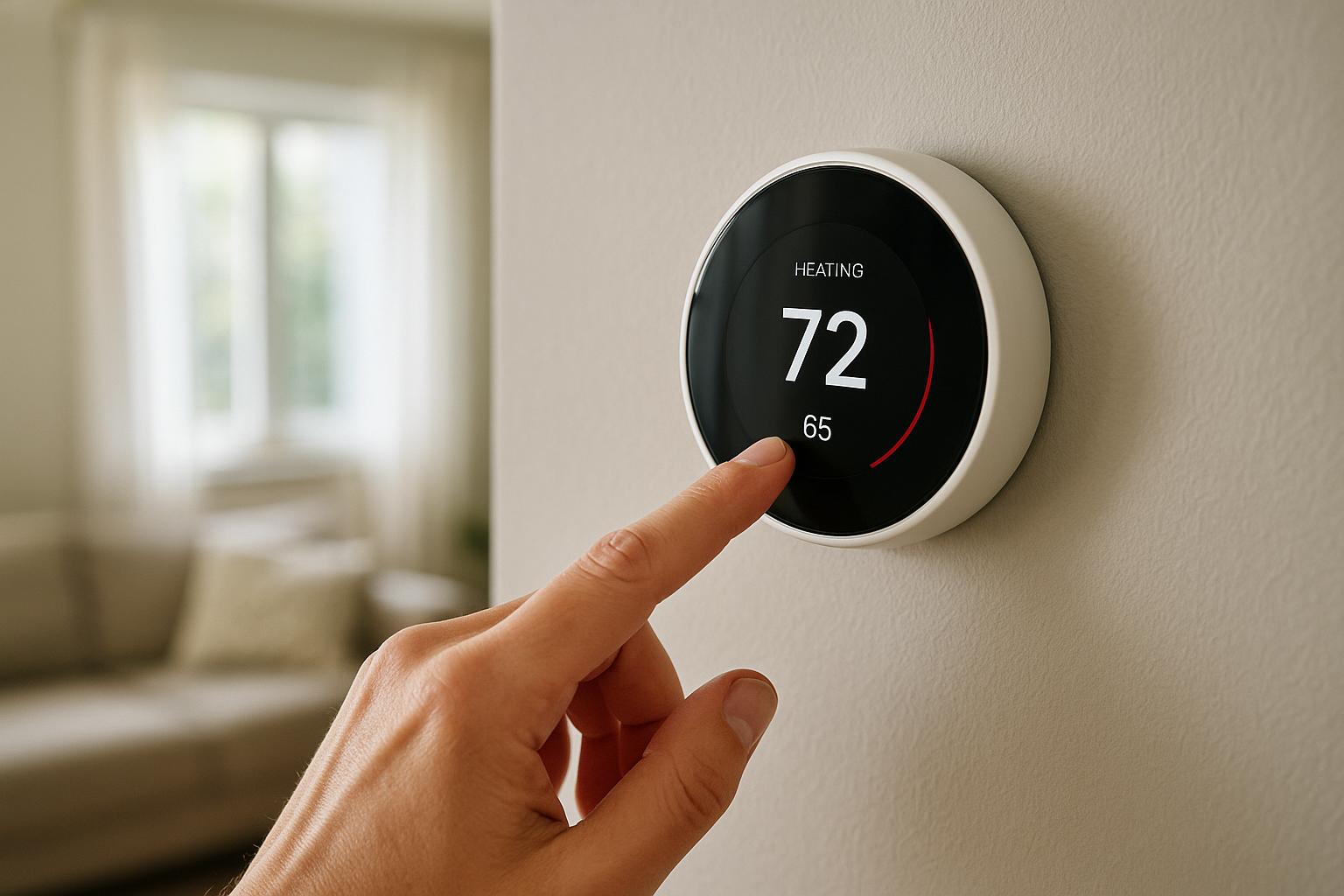 Egy kéz éppen egy okos termosztátot állít be a falon, a hőmérséklet 72 fokra van állítva.