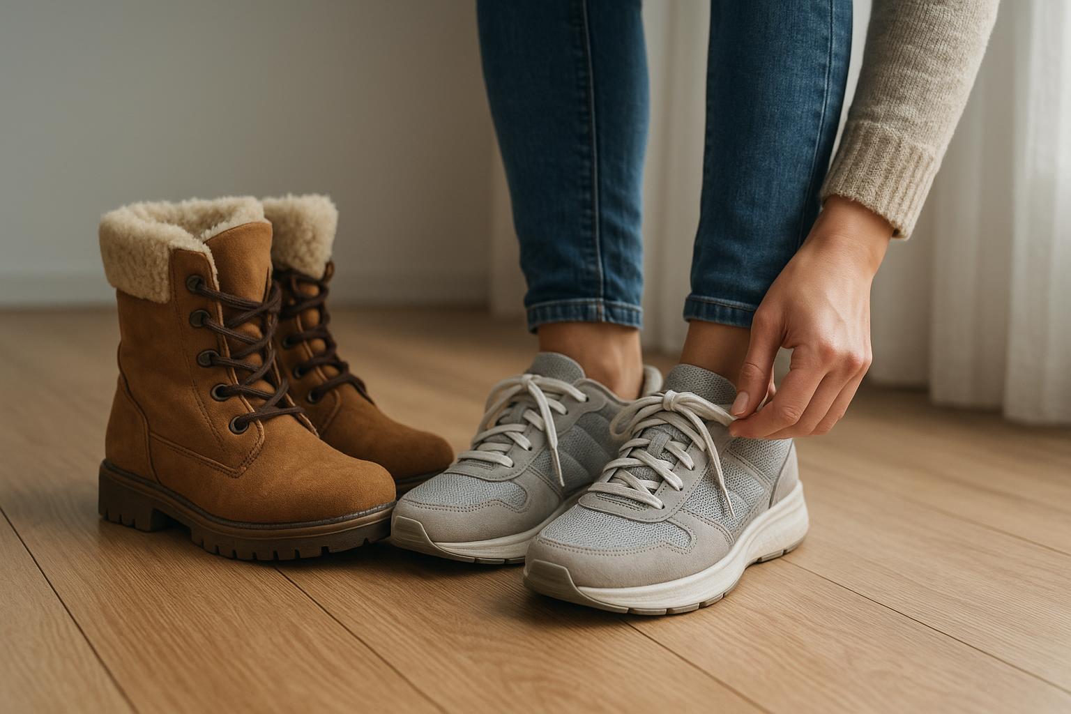 Egy nő téli cipőt próbál fel, mellette egy másik téli csizma látható.
