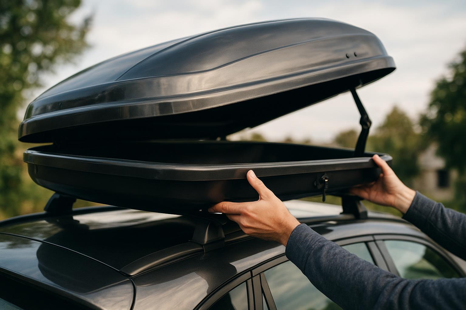 Egy férfi kezével nyitja az autó tetején lévő tetőboxot, amely tárolásra szolgál.