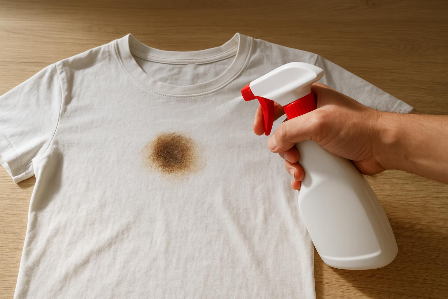 Egy fehér pólón egy makacs folt látható, amire folttisztító spray-t fújnak.