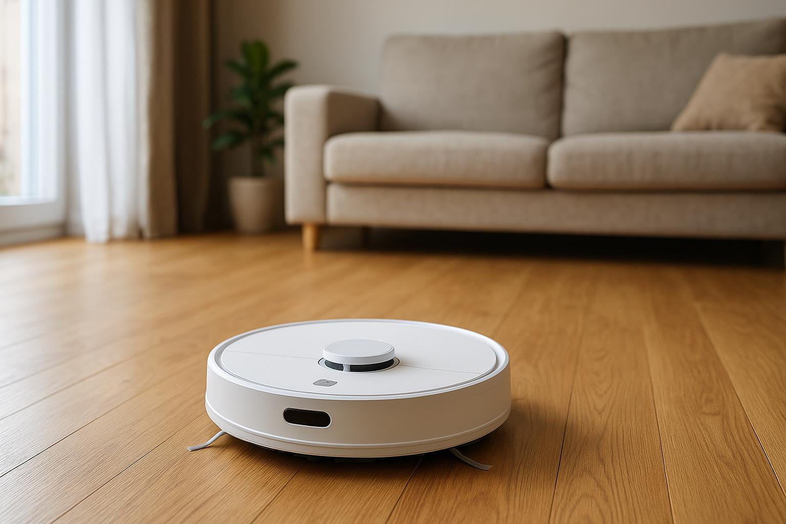 Egy fehér robotporszívó a fapadlón, háttérben egy kanapéval.