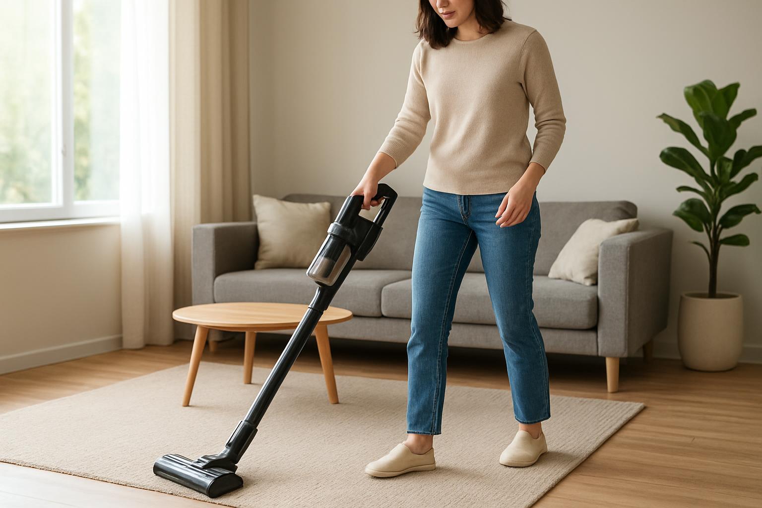 Egy nő vezeték nélküli állóporszívót használ a nappalijában, miközben takarít.