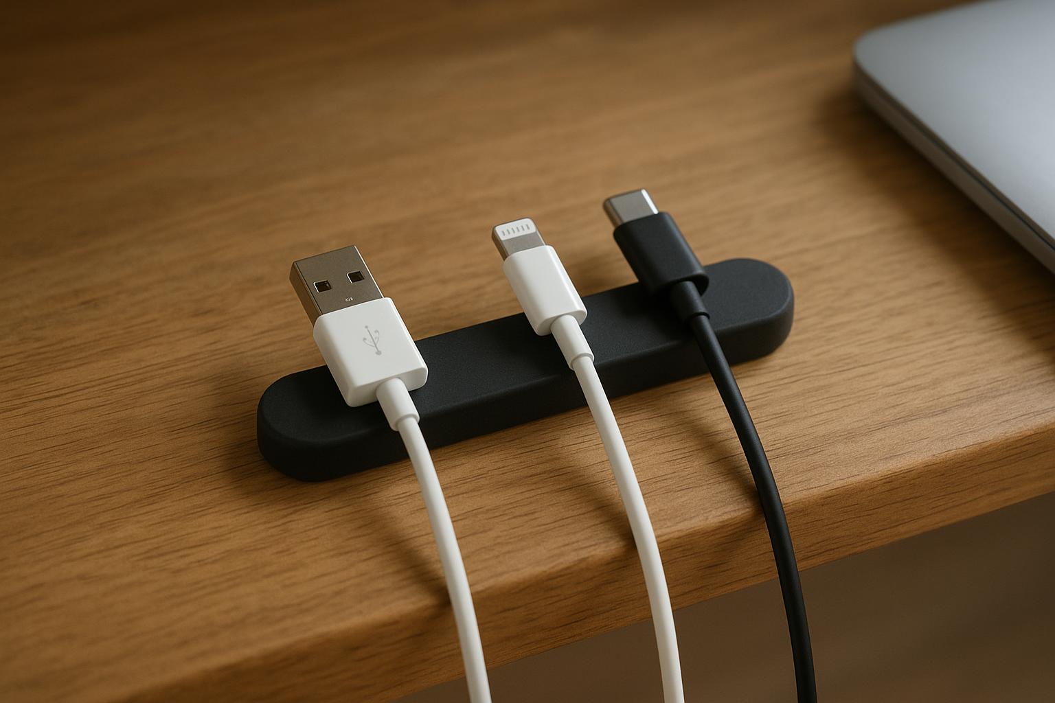 Három különböző kábel, USB és USB-C csatlakozókkal, mágneses rendezőn.