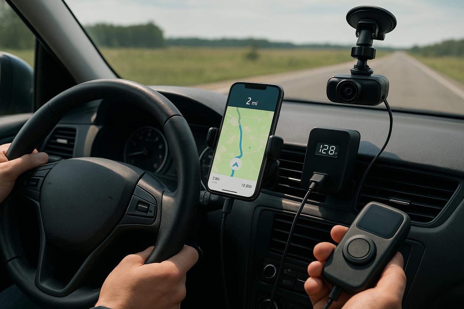 Autó belső tere, kormány mögött ülő sofőr, telefon navigációval és töltővel.