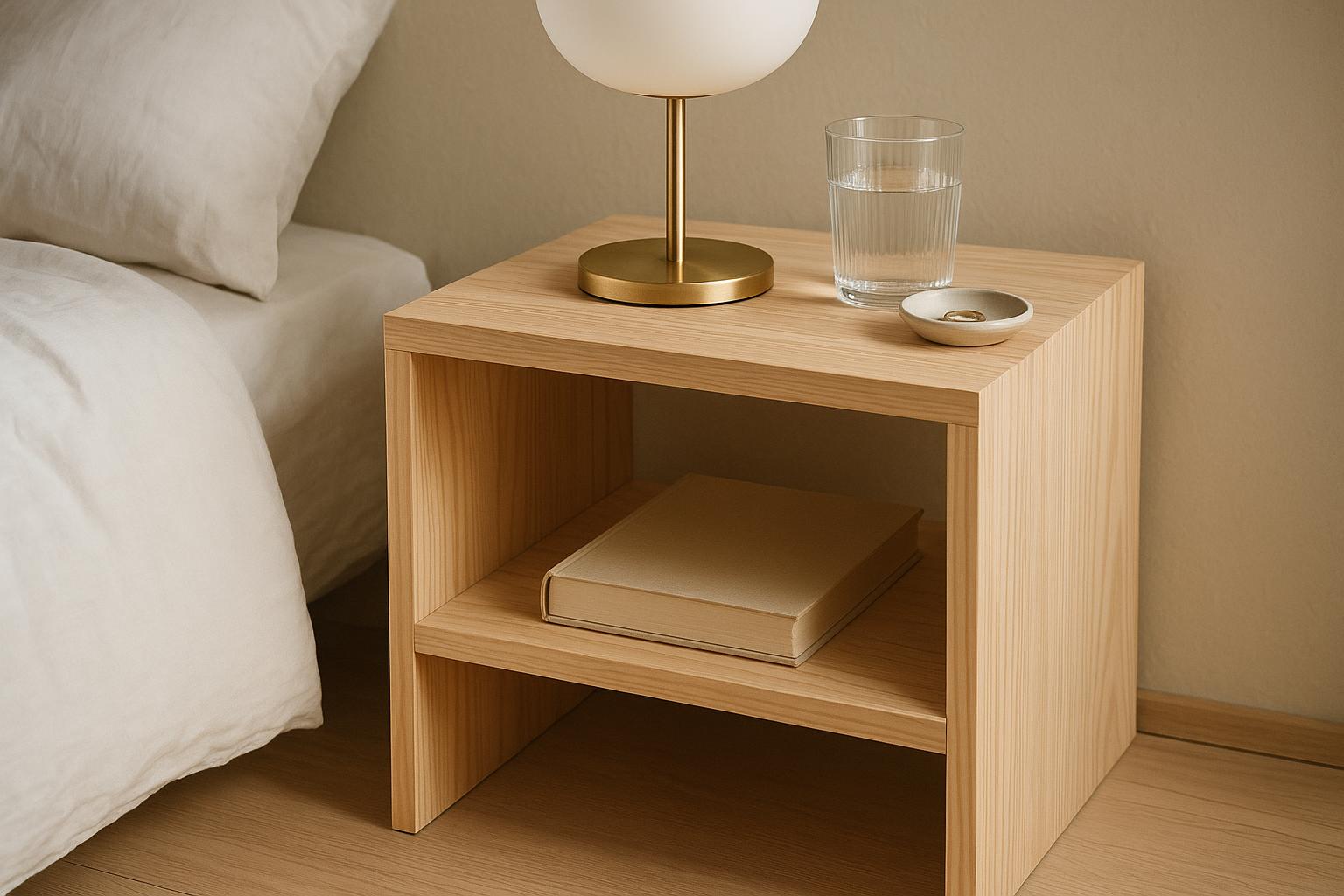 Egy egyszerű, IKEA fakockából készült éjjeliszekrény, mellette lámpa és víz.