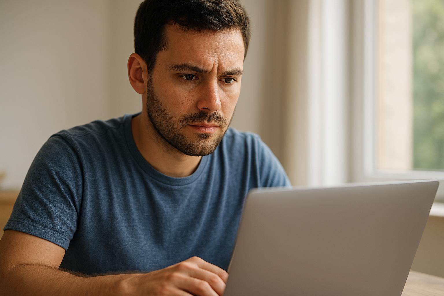Egy fiatal férfi figyelmesen néz egy laptop képernyőjére, tanulás közben.