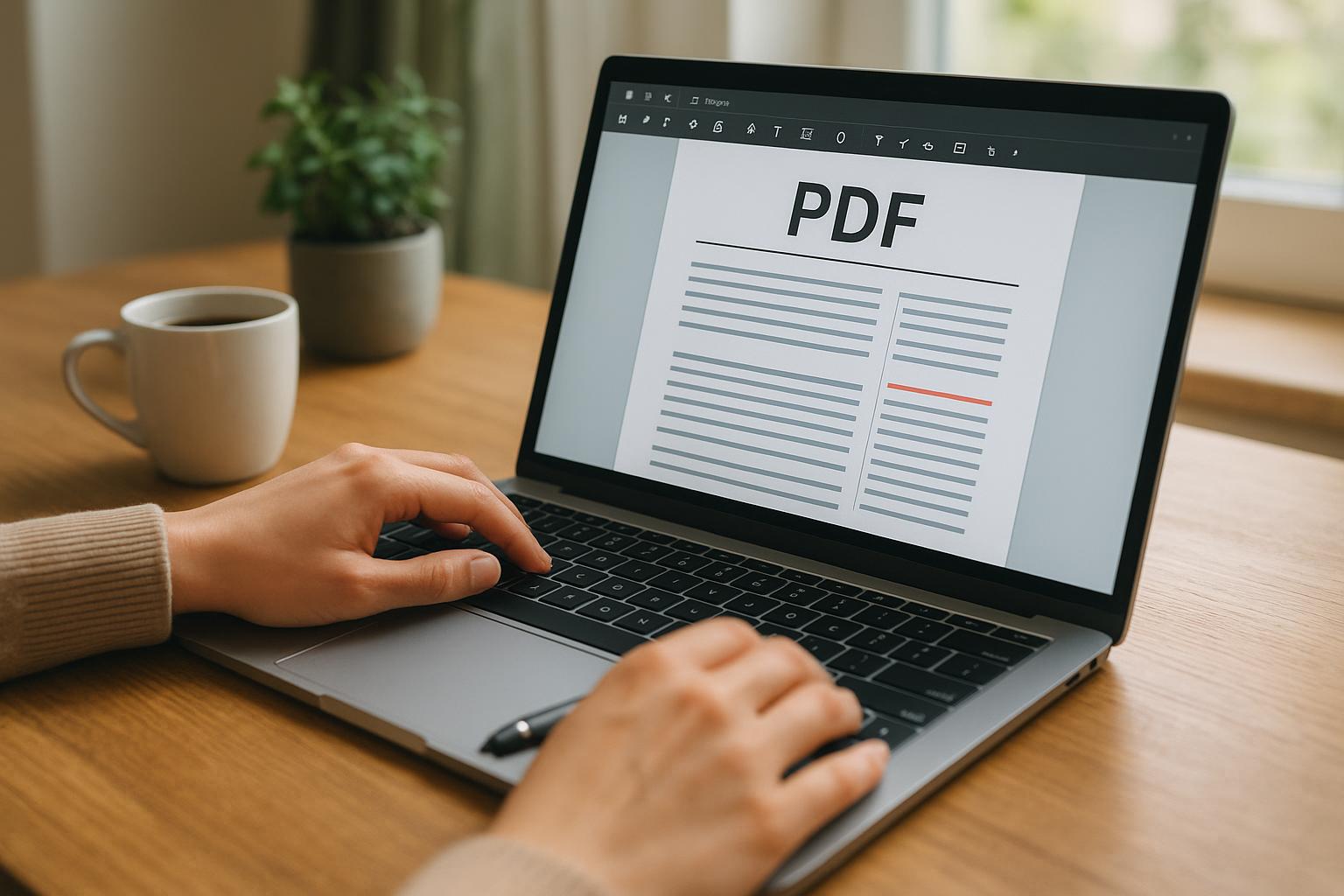 Egy kéz egy laptop billentyűzetén, PDF dokumentumot szerkesztve.