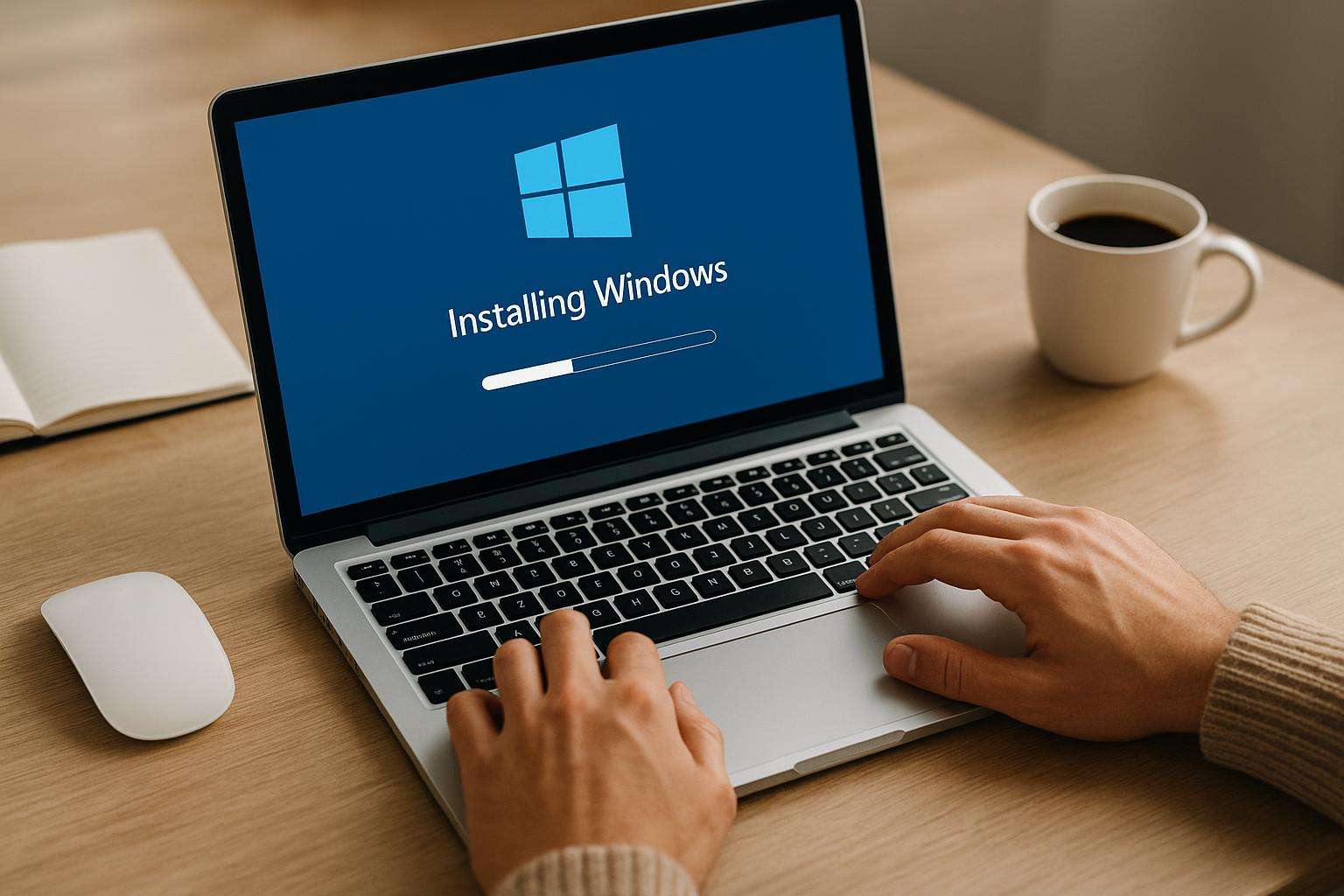 Egy laptop képernyőjén a Windows telepítési folyamat látható.