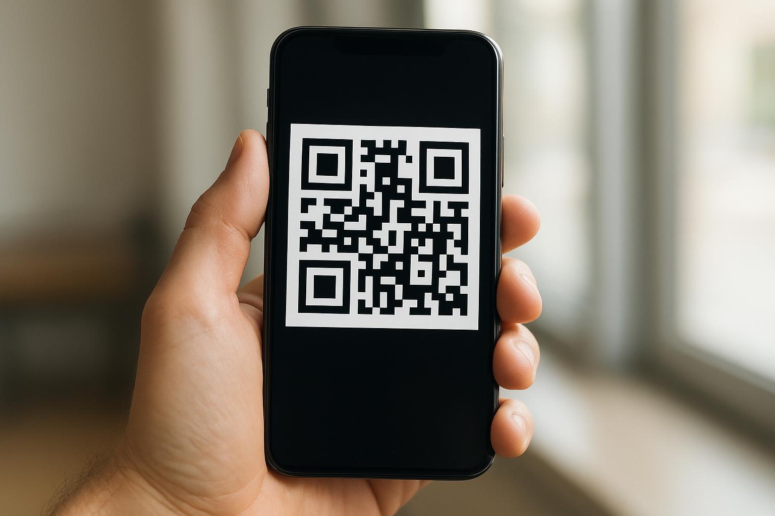 Egy kézben tartott okostelefon, amelyen QR-kód látható.