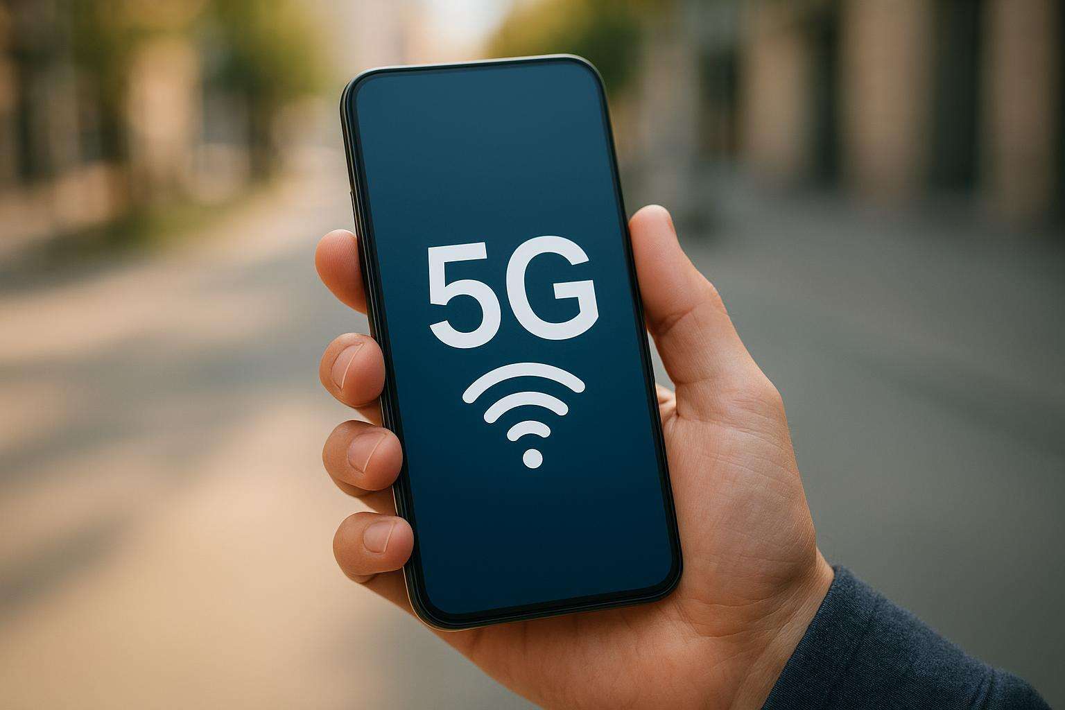 Egy kézben tartott okostelefon, amelyen a 5G jelzés látható.