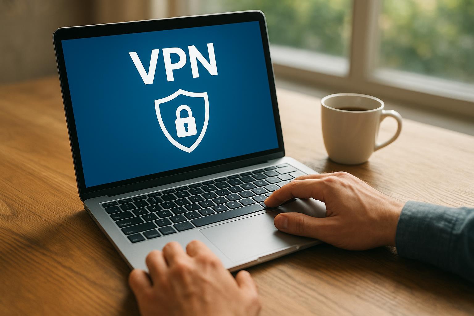 Egy laptop képernyőjén a VPN logó látható, miközben egy kéz gépel.