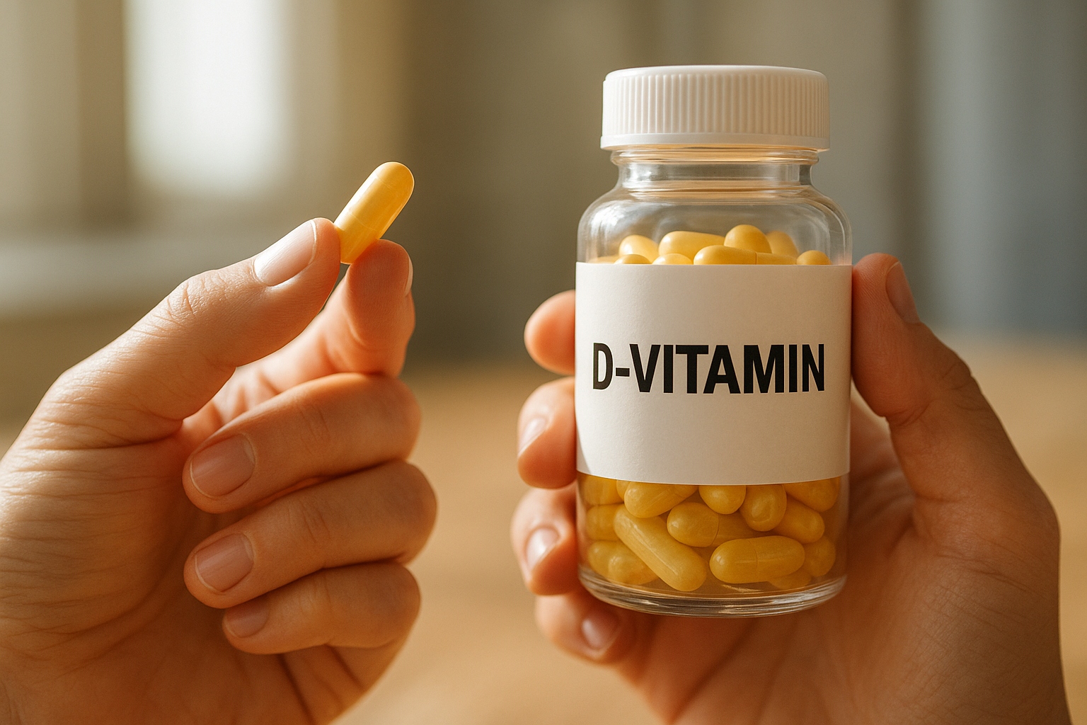 Kézben tartott D-vitamin kapszula és üveg, amely tápanyagot tartalmaz.