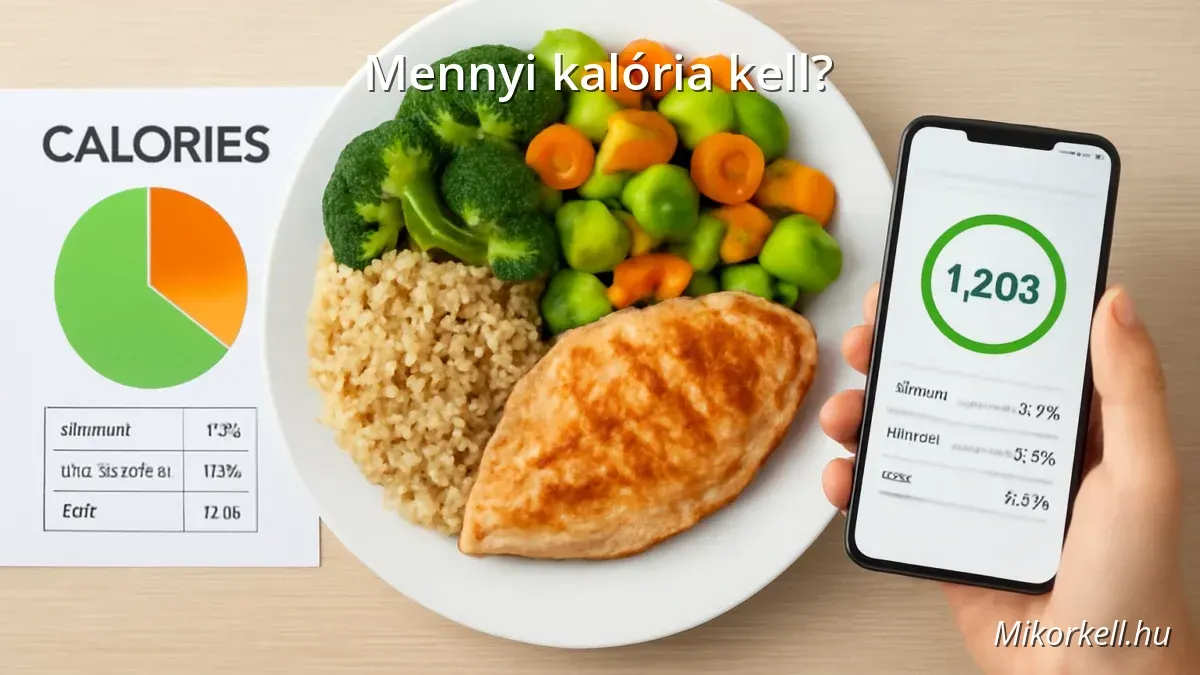 Balanced meal with calorie chart and person calculating calories on smartphone