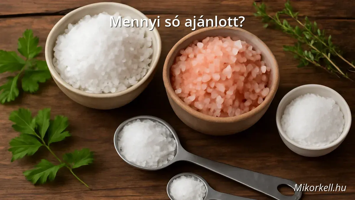 Different types of salt in bowls with measuring spoons and herbs on wooden table